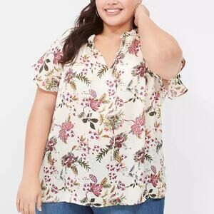 Lane Bryant Swing Cap-Sleeve Ruffle Cream Floral Shadow Stripe Blouse Size 18/20